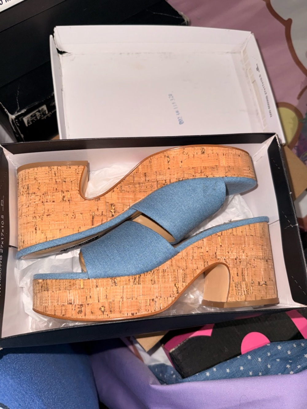 Nine West Light Blue Denim Cork Platform Slide Sandals